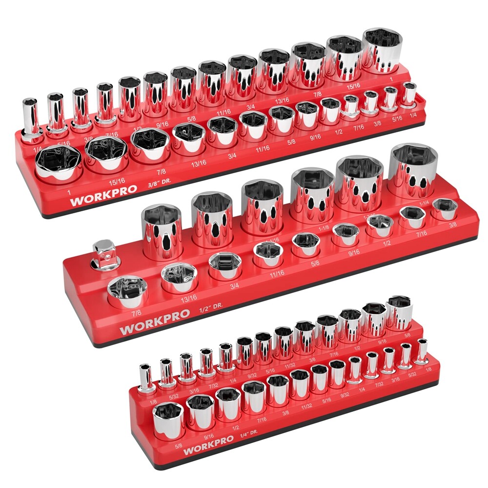 WORKPRO 3PCS Magnetic Socket Organizer Set SAE 1/4" 3/8" 1/2" Drive Socket Trays