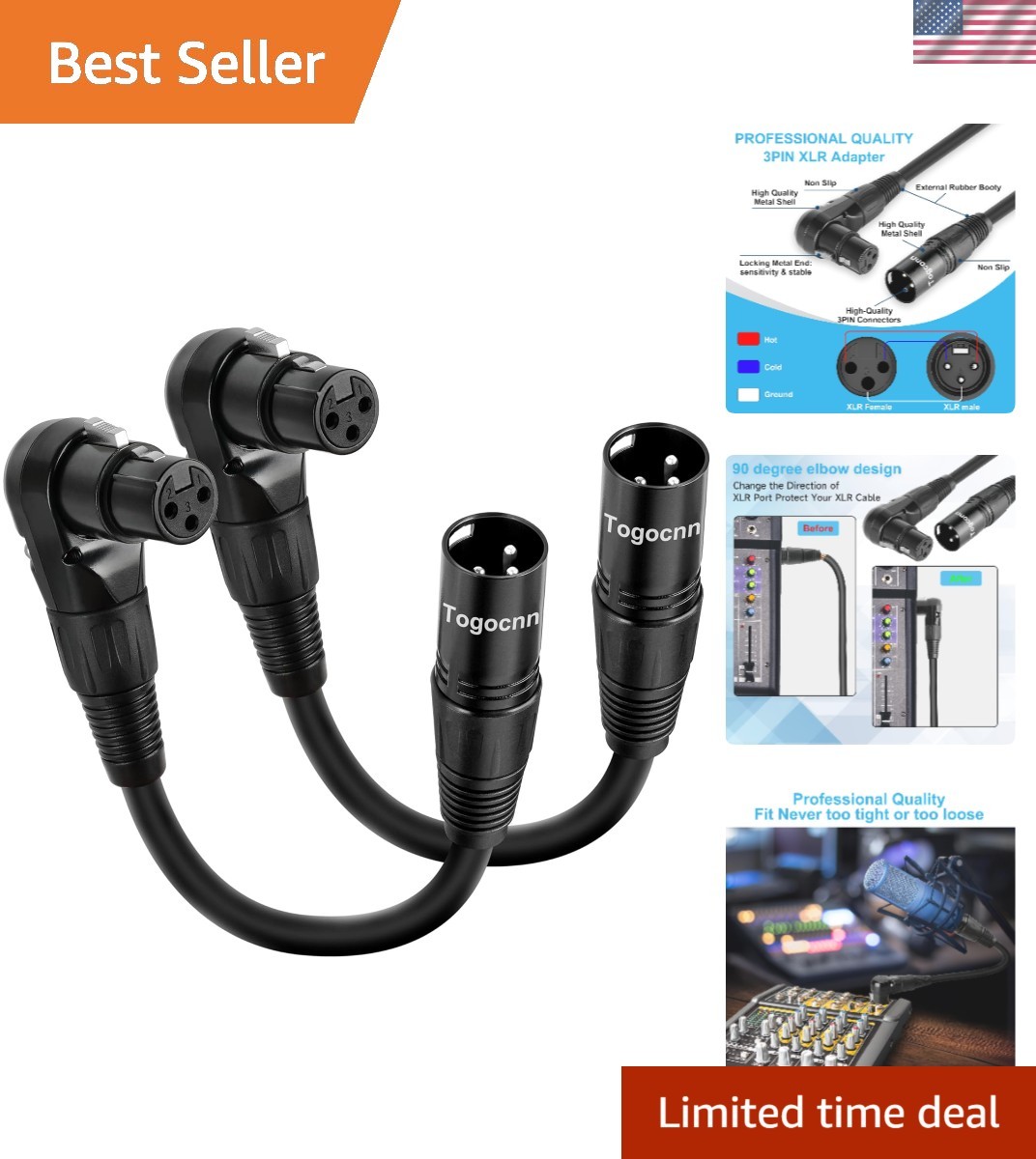 2-Pack XLR Microphone Extension Cables 0.6 Feet - 90° Right Angle Connectors