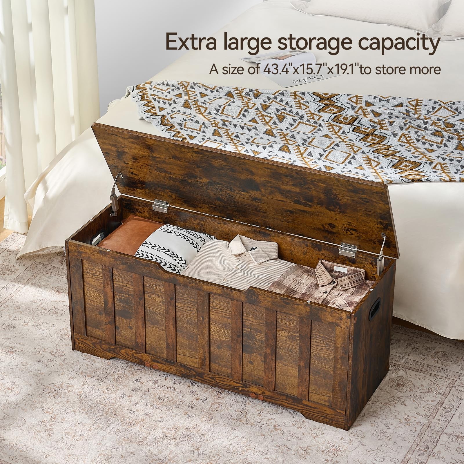 VANKILEY 43.3"Storage chest extra large,storage 43.3x15.7x19.1, Rustic Brown