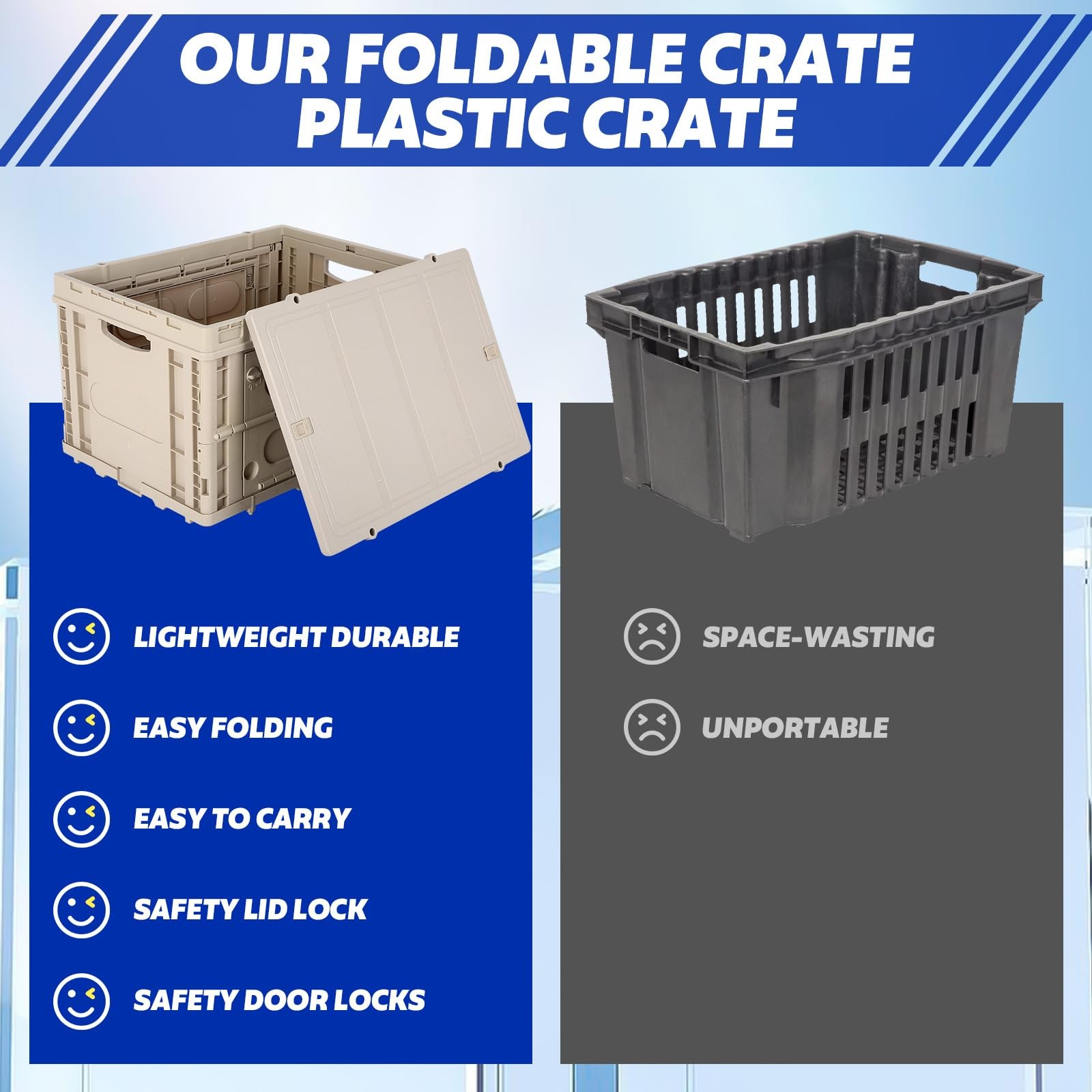 Collapsible Storage Bins with Lids,Stackable Utility Crates with Grey Large