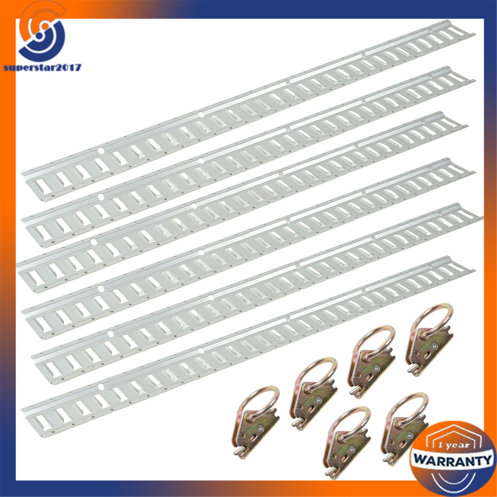12PCS E-Track Tie-Down Rail Kit 6x 5ft Silver Galvanized Rails 6 O-Ring Anchors