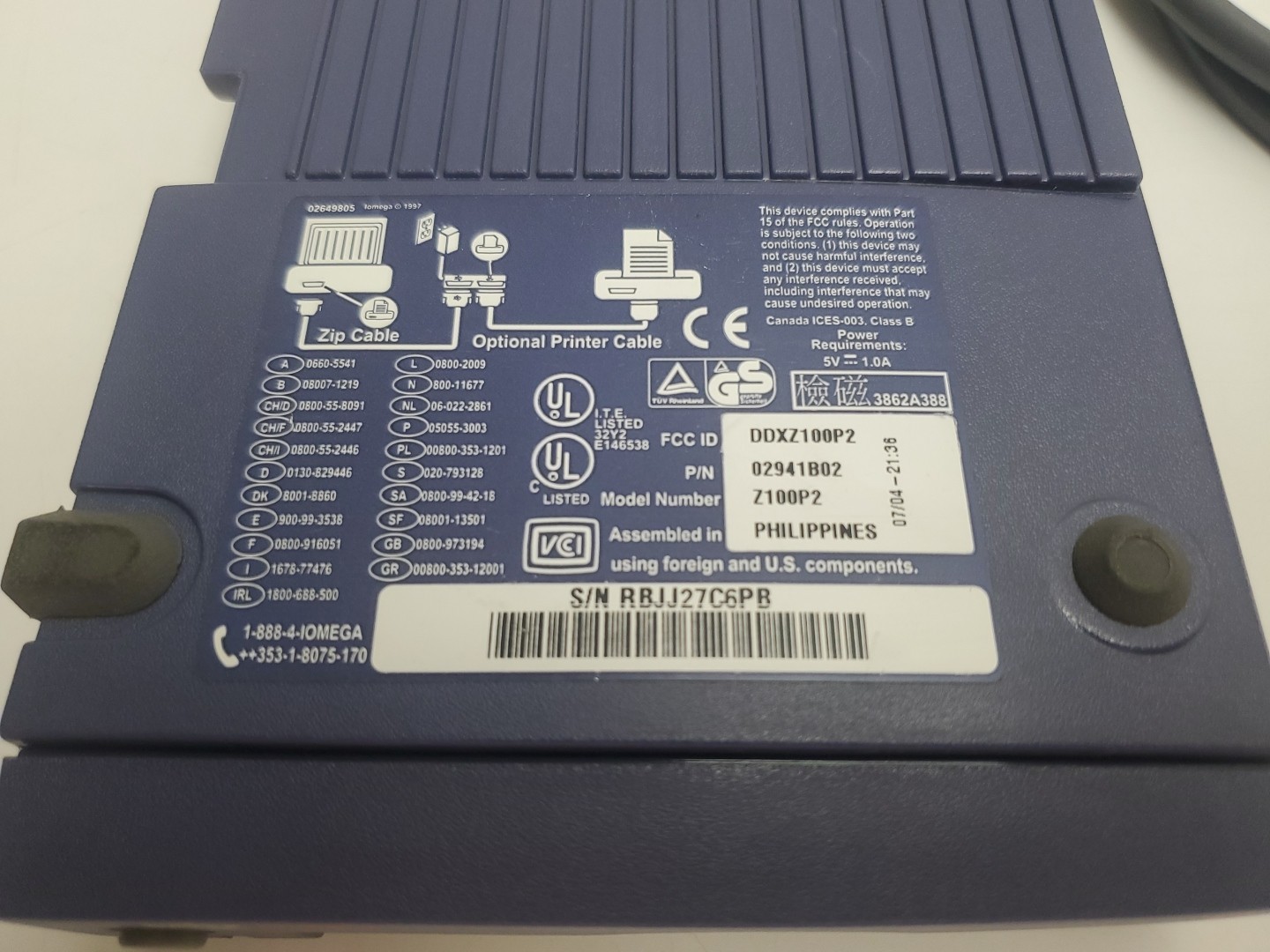 Iomega Zip 100 External Parallel Port Disk External Drive Z100P2 No Power Supply