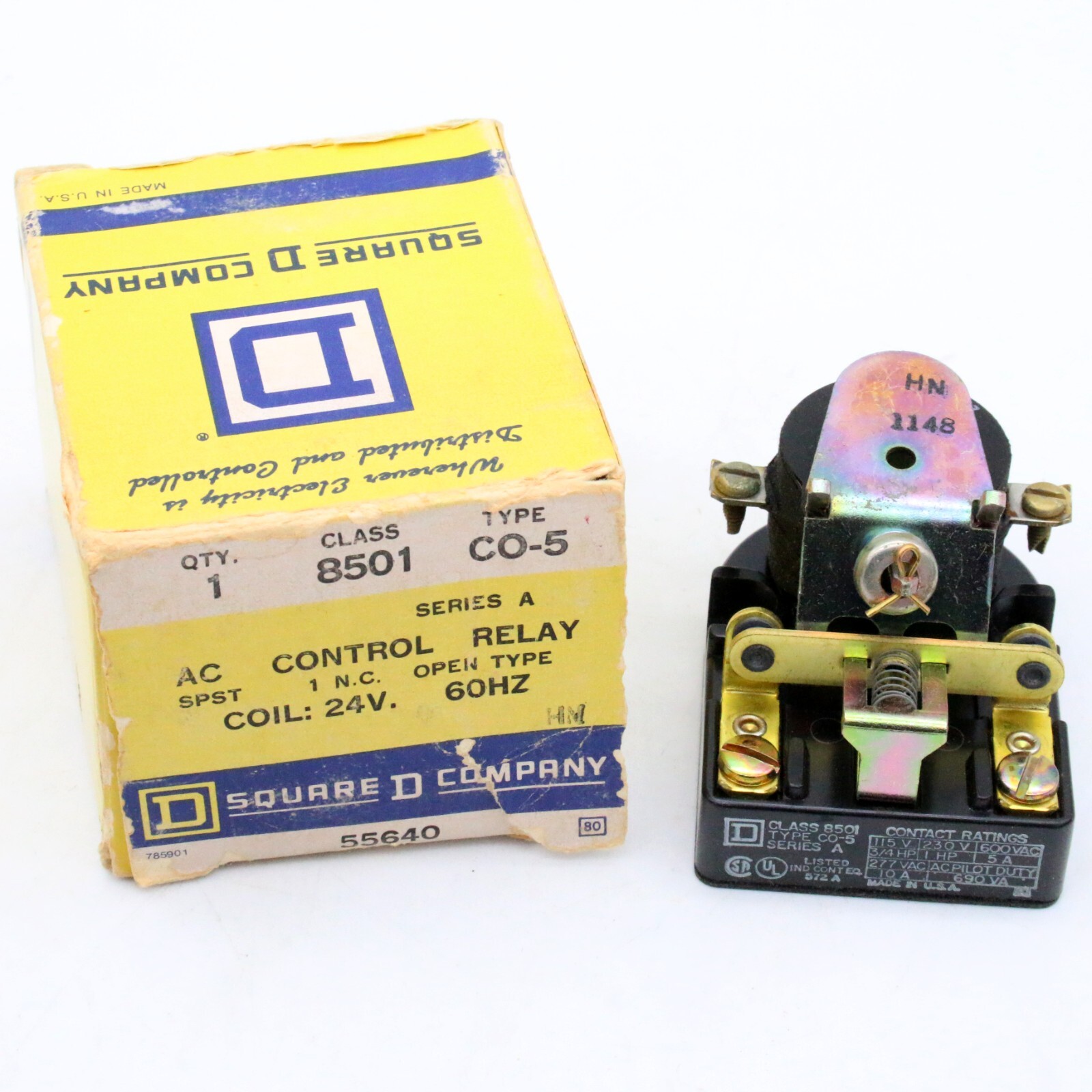 SQUARE D AC CONTROL RELAY MODEL 8501 CO-5 - 24Volt 60Hz Coil - 55640 - NOS