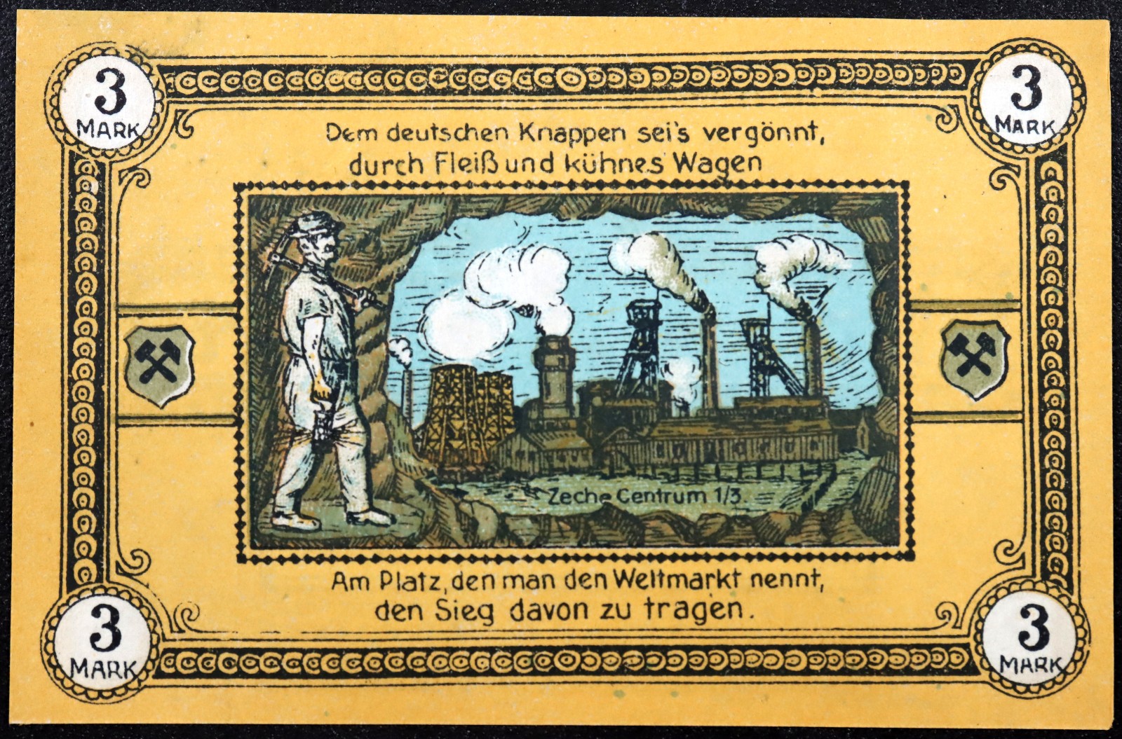 WATTENSCHEID 1921 "Miner in the Mine" 3 Mark German Notgeld Coal Colliery