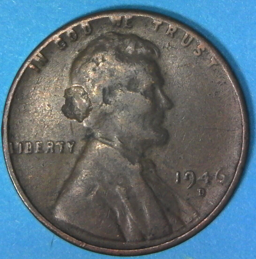 1946 D Lincoln Cent Strike Through Obverse Hole In Head