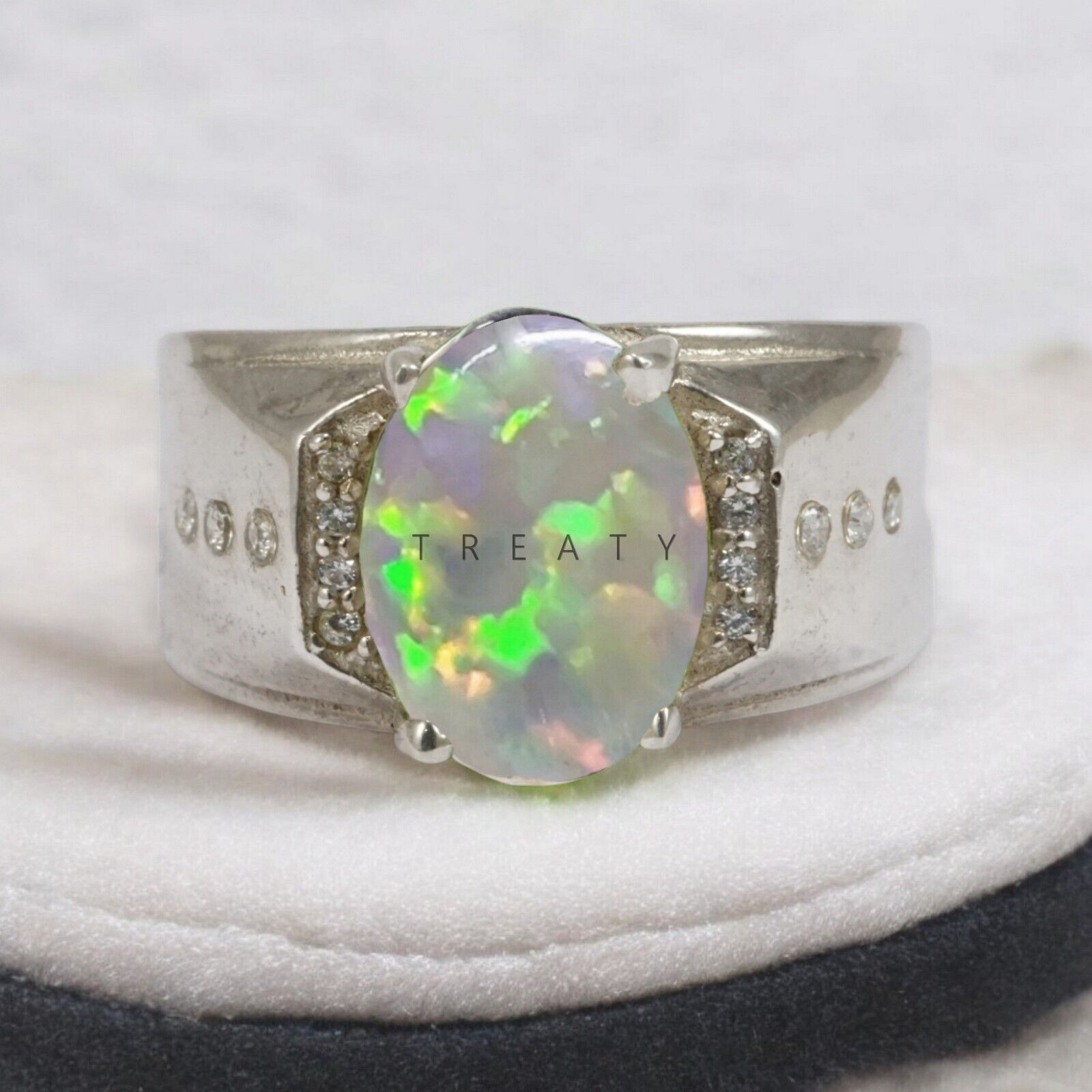 Opal Oval Cut Gemstone With 14K Solid White Gold Ring For Men's #185
