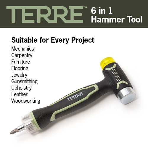 Terre Products Double Faced Rubber Mallet Hammer, Built-in Multi Bit Screwdriver