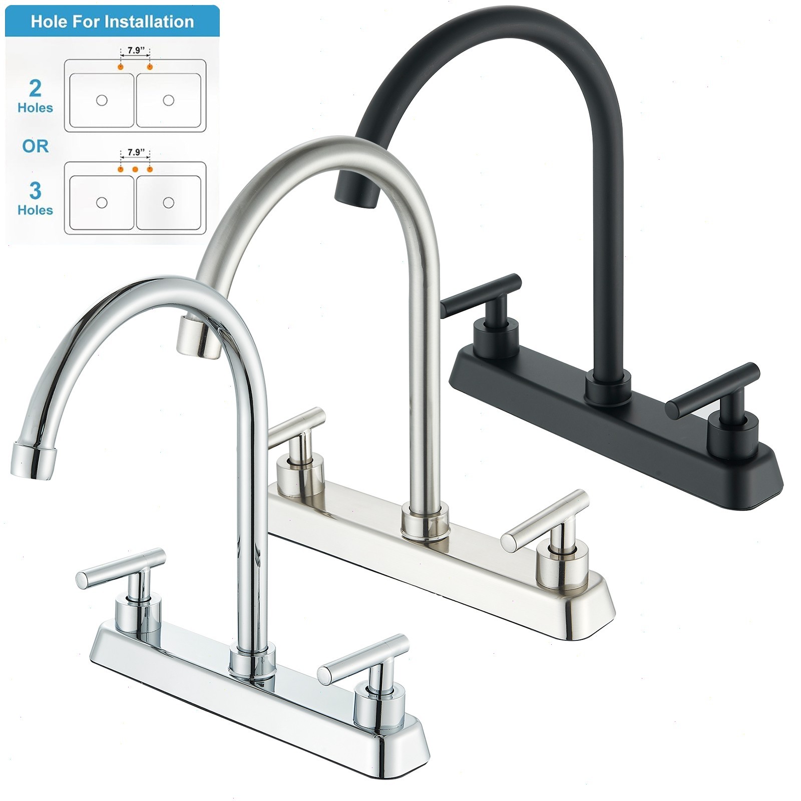 High Arc Kitchen Faucet 8 inch Centerset 3 Hole 2 Handle Sink Mixer Swivel Spout