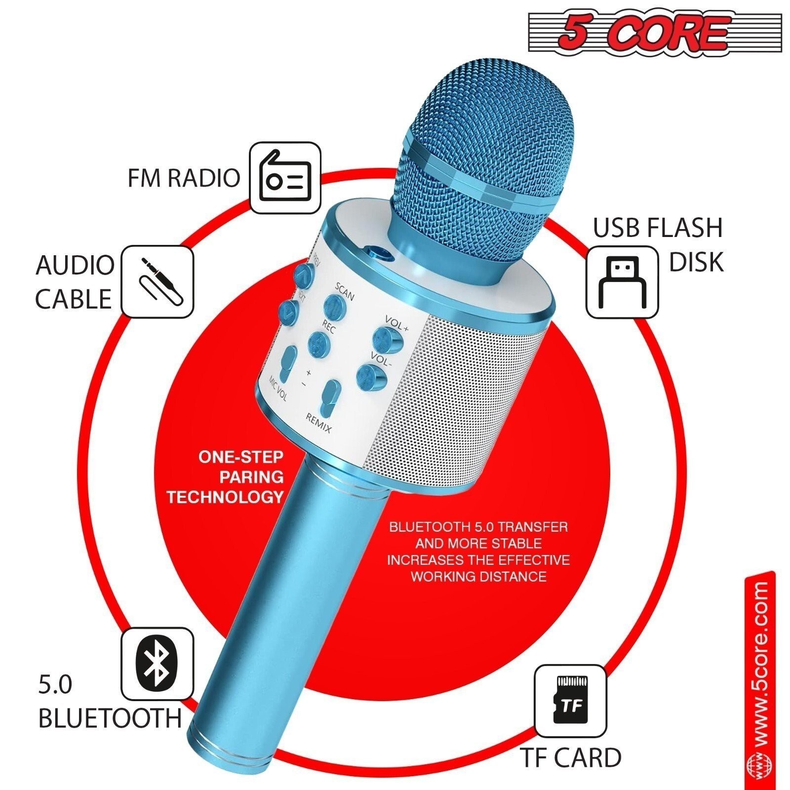 5 Core Microphone Wireless Karaoke Mic w/Speaker Portable Bluetooth Microfono 2x