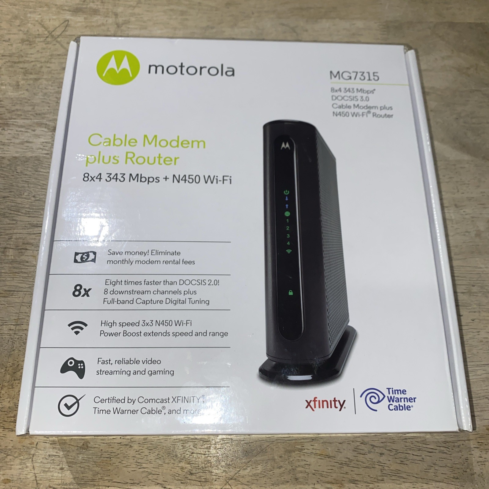 Motorola MG7315 8x4 343 Mbps DOCSIS 3.0 Cable Modem Plus N450 Wi-Fi Router