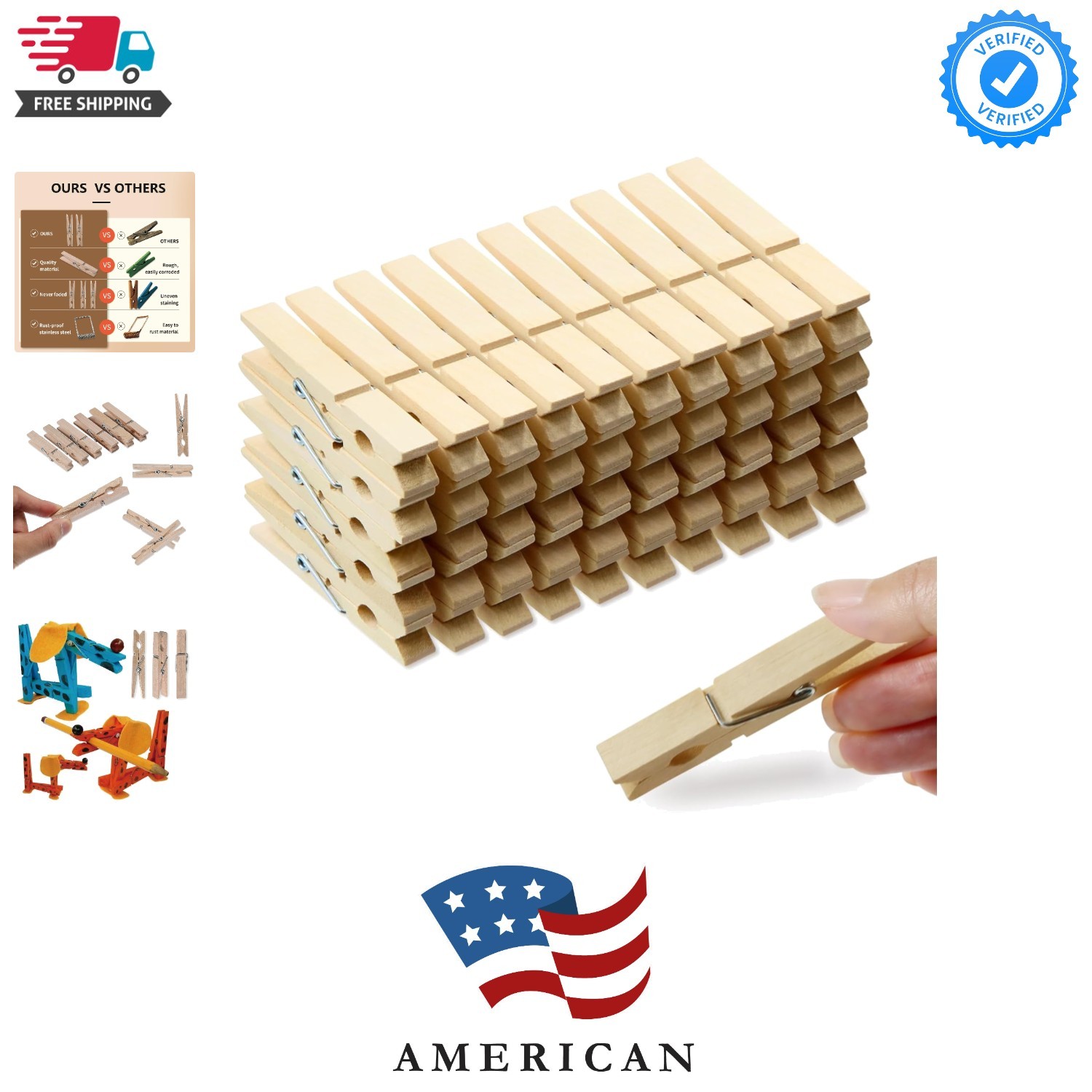 50 Pack Clothes Pins Wooden 2.9 Inch Wood Clothespins Large Heavy Duty | Clos...