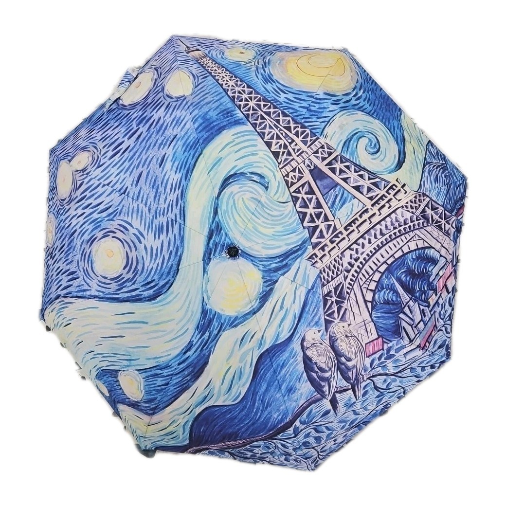 Anuschka Love In Paris Auto Open Close Umbrella UV 50+ Blue Art NWT