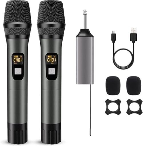 Wireless Microphone, Handheld UHF Dual Metal Cordless Dynamic Mic Dual Mic Grey