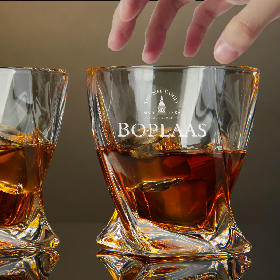 Custom Engraved Boplaas Whiskey Glass – 10 oz Twisted Rocks Glass