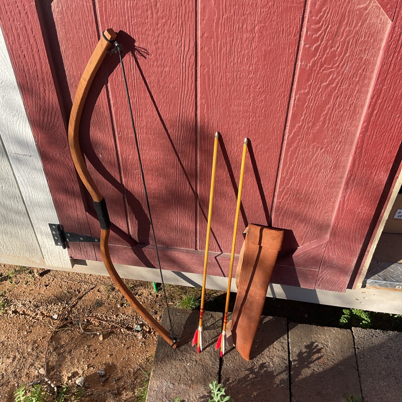 Vintage  Wooden Recurve Bow With Leather Quiver & 2 Arrows 36 Tall 8.5 Long