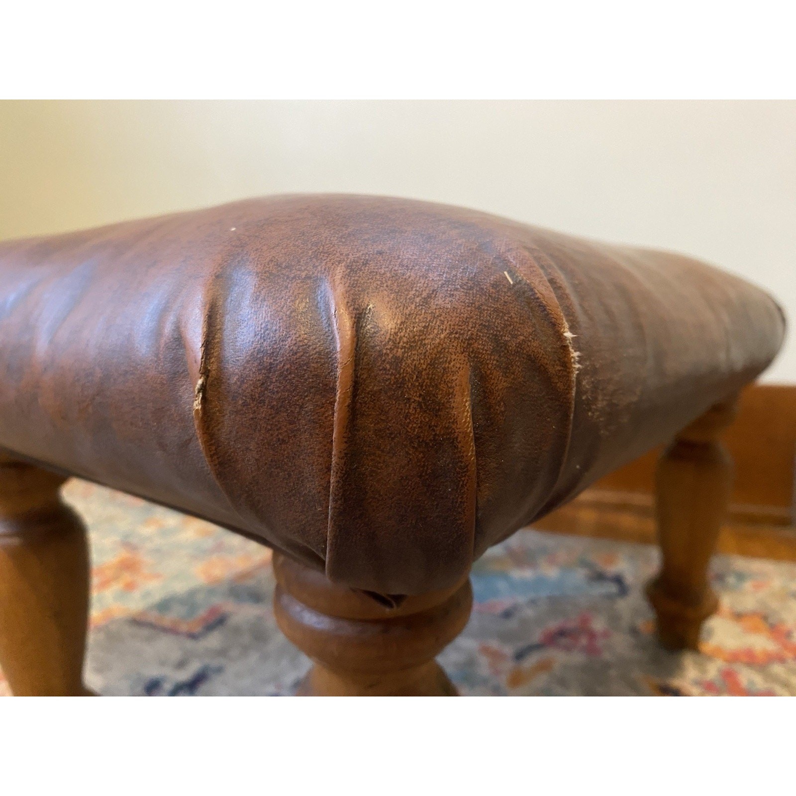 Vintage Maple Wood & Brown Vinyl Upholstered Footstool Carved Legs Dark Academia