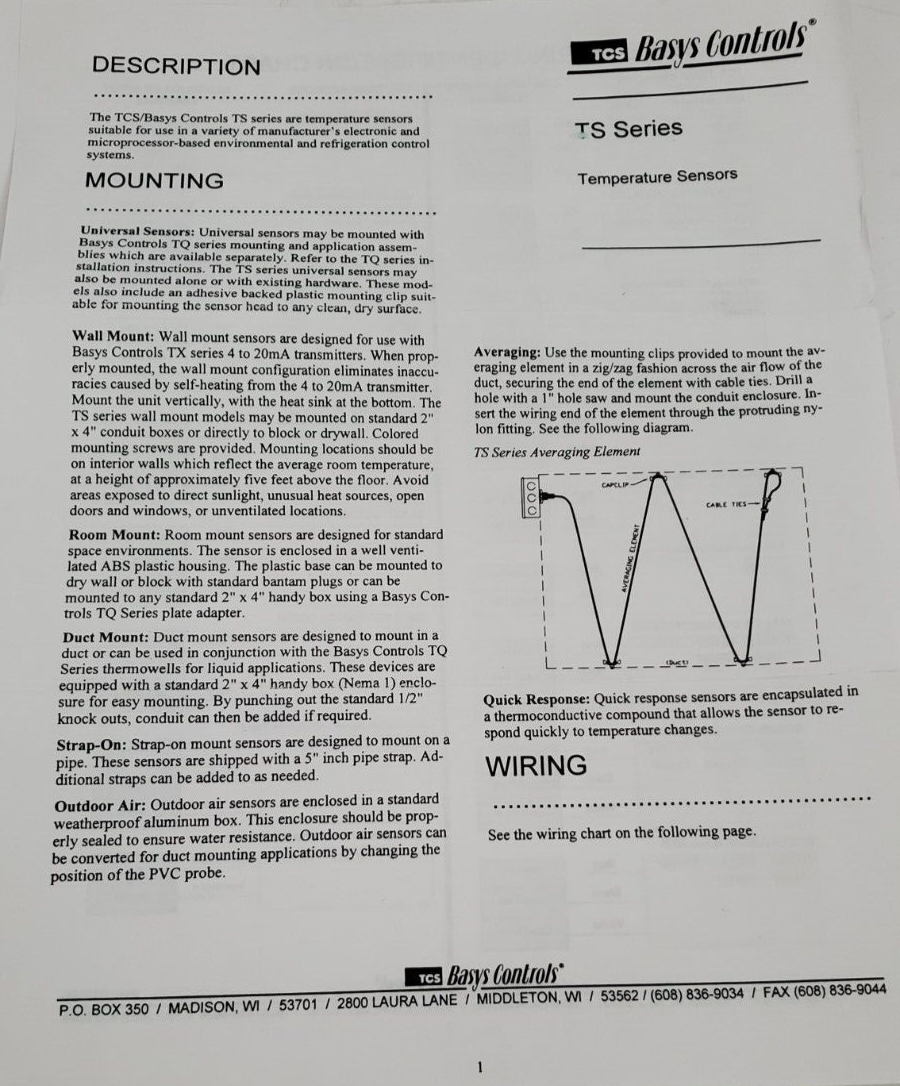 Basys Controls TS1039 8" Duct Temperature Sensor 10K Thermistor