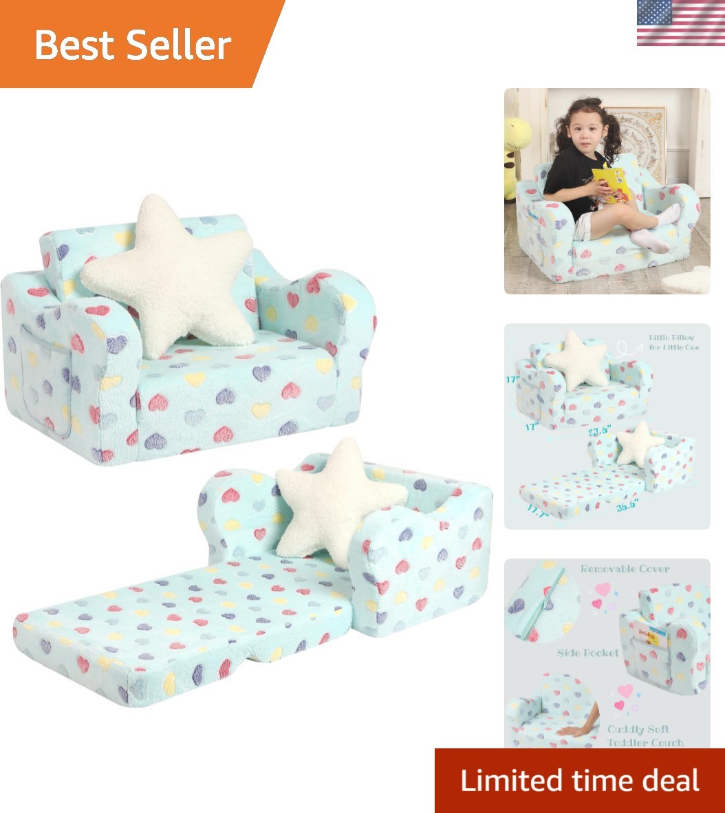 Kids-Friendly 2-in-1 Couch and Lounger - Colorful Heart Design for Toddlers