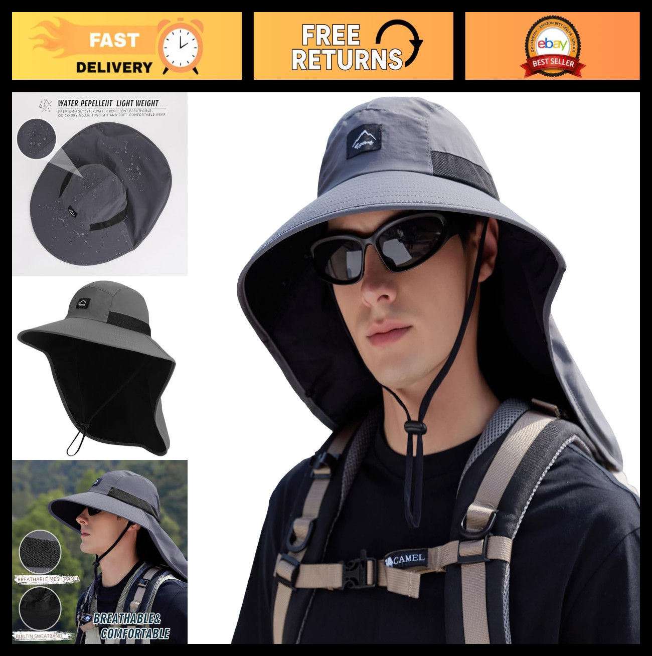 Outdoor Sun Hat UPF 50+ Wide Brim Fishing Cap with Neck Flap for Men & Women