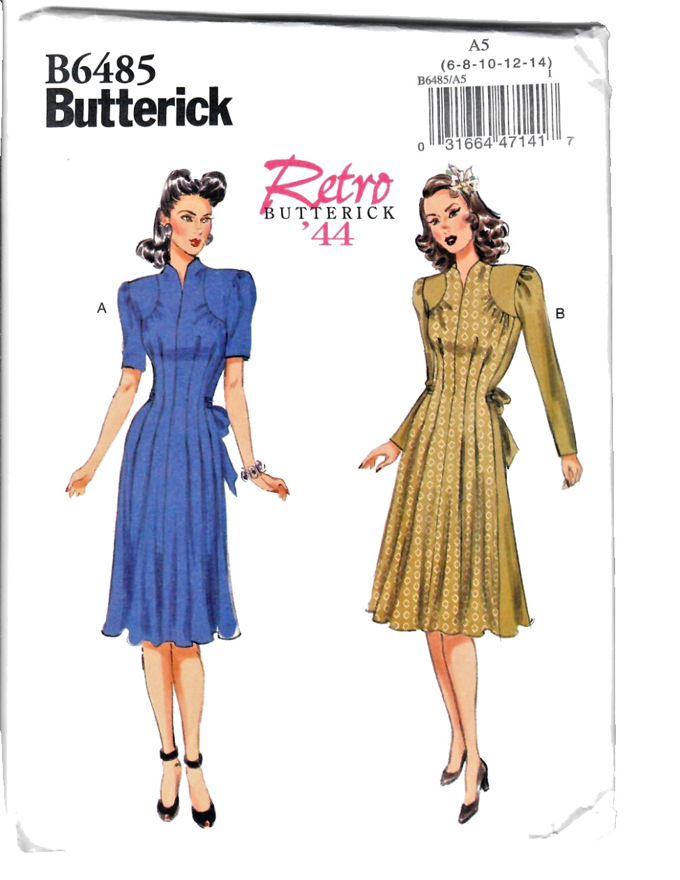 Butterick B6480 Sewing Pattern Retro '44 Misses Loose-fitting Dress 2 Looks 6-14