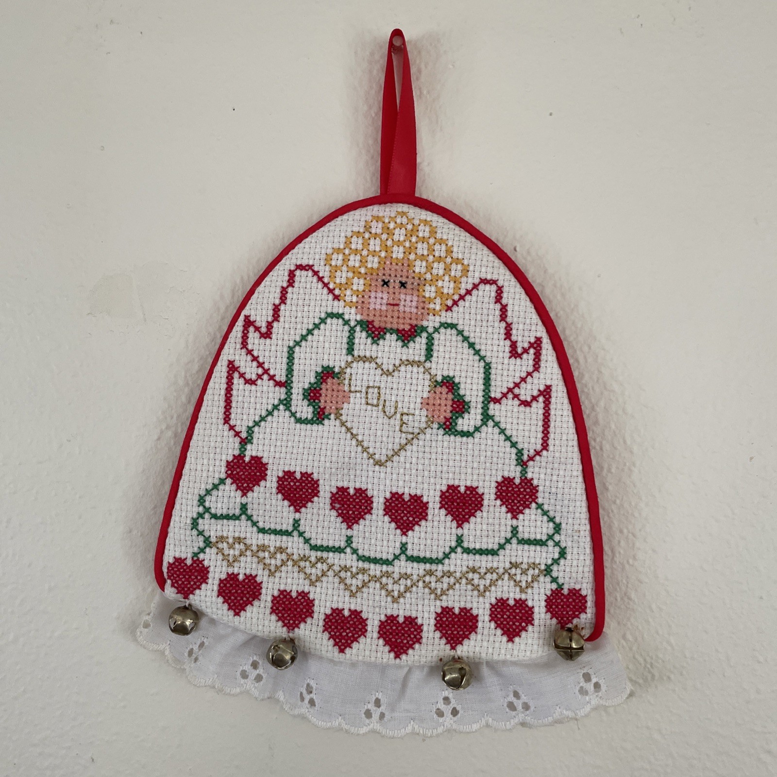 Vintage Needlepoint Cross Stitch Christmas Angel LOVE Hearts Wall Hanging 8x6.5”