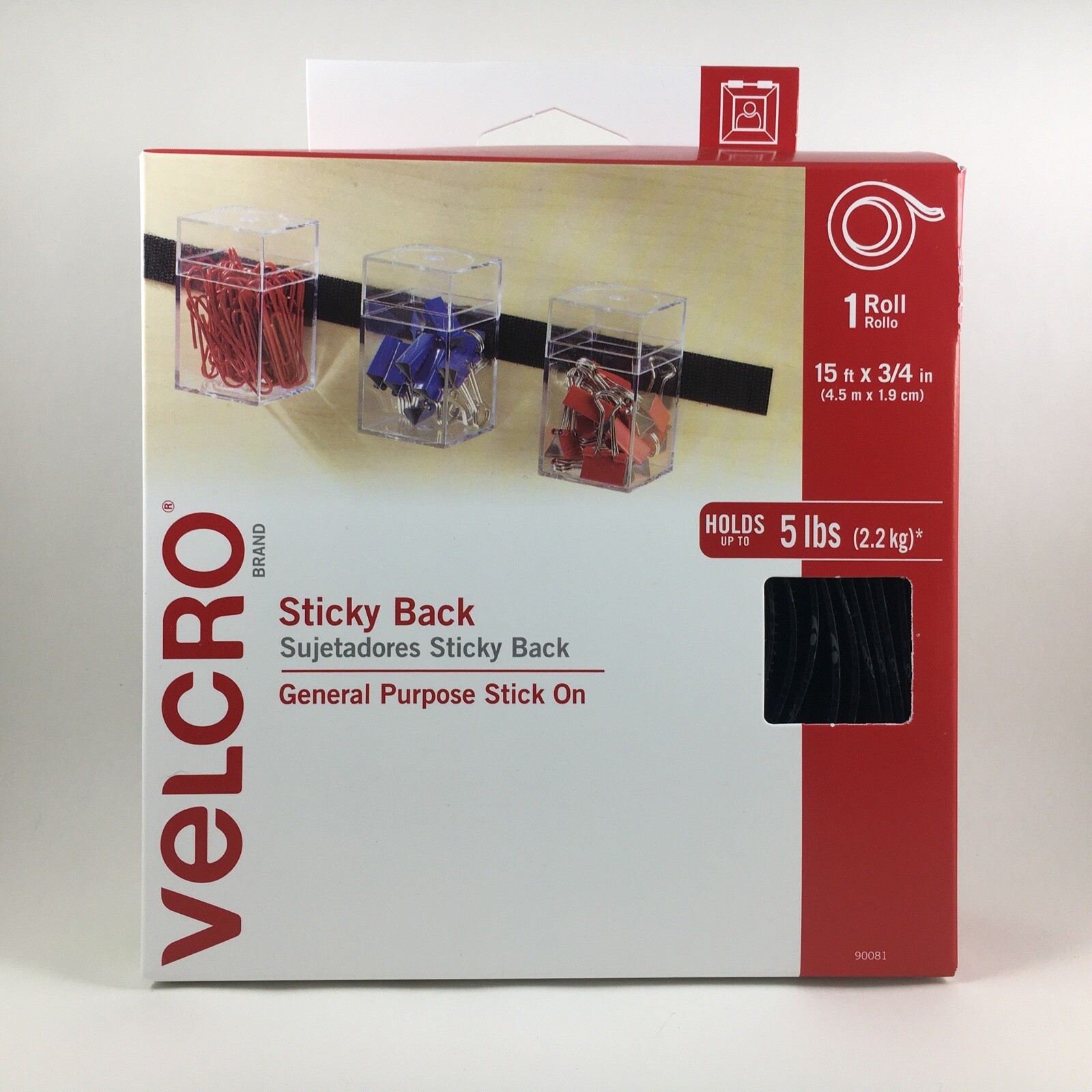 VELCRO Brand Sticky Back Tape Roll, 3/4" x 15', Black Hook & Loop