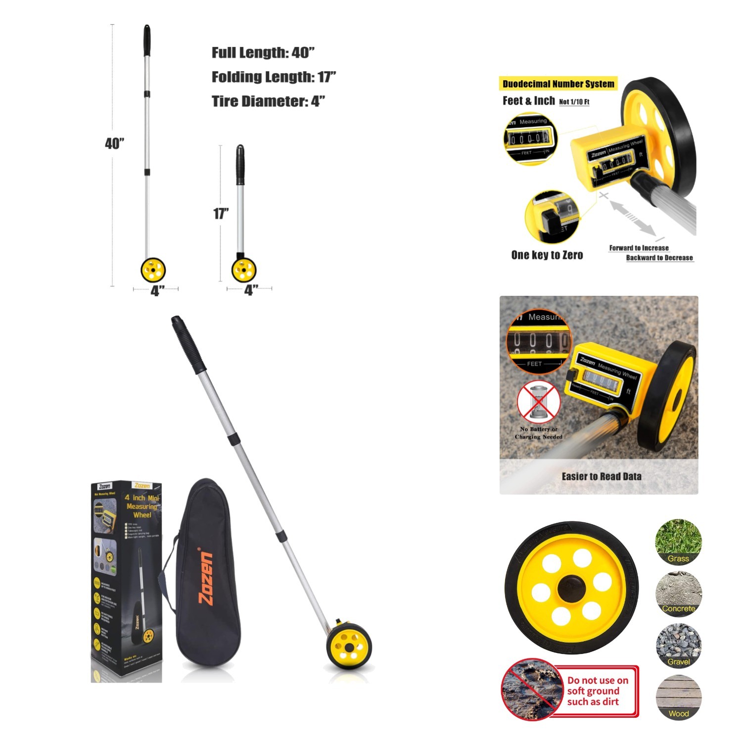 Measuring Wheel in Feet and Inches, Scalable Length 40in, 4-inch Measure Whee...