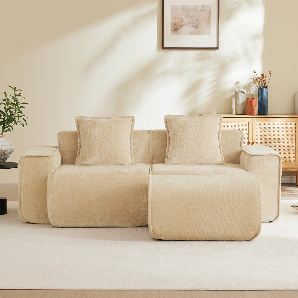 Modular 2-Seat L-Shape Sectional Sofa w/ Ottoman, Velvet Light Camel