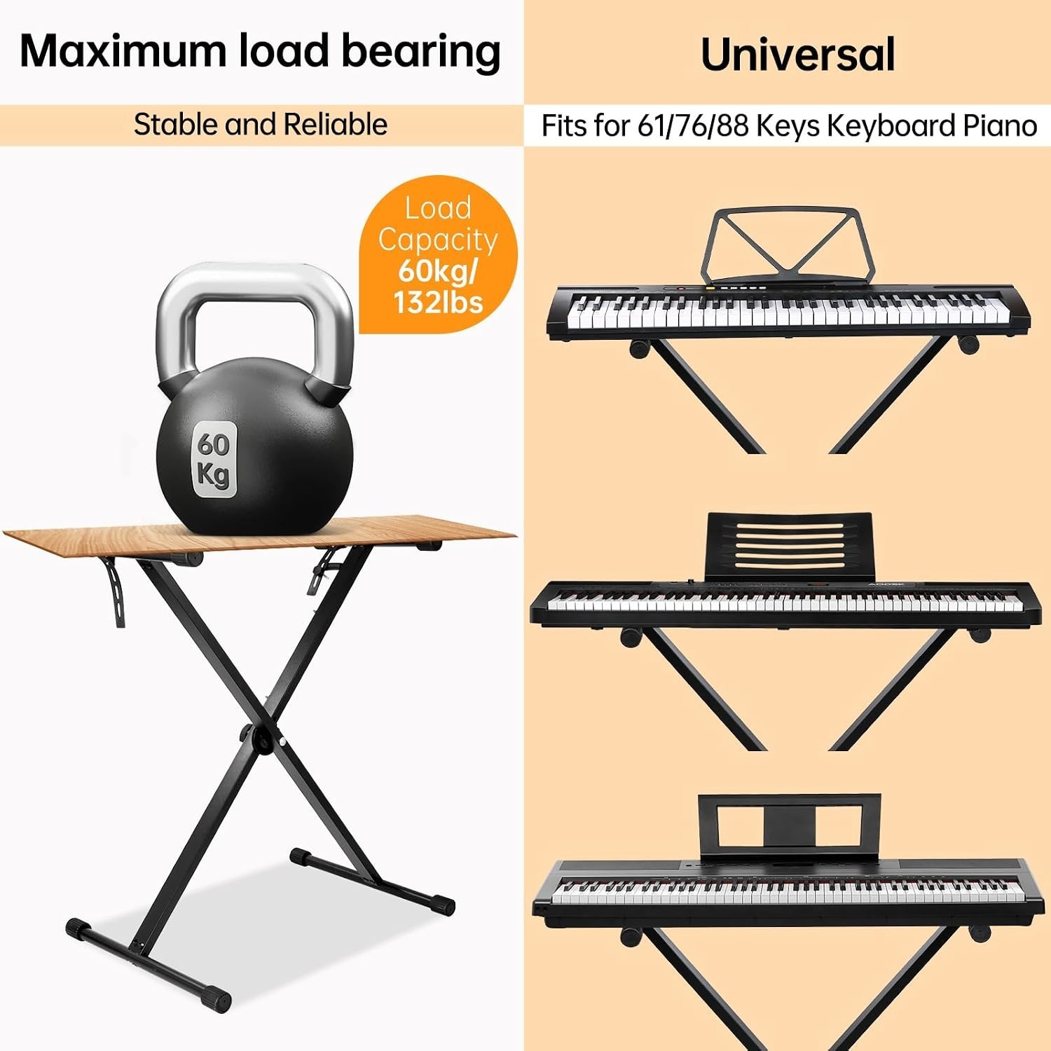 AODSK Single X Black Keyboard Stand Adjustable Height Width w/ Locking Straps