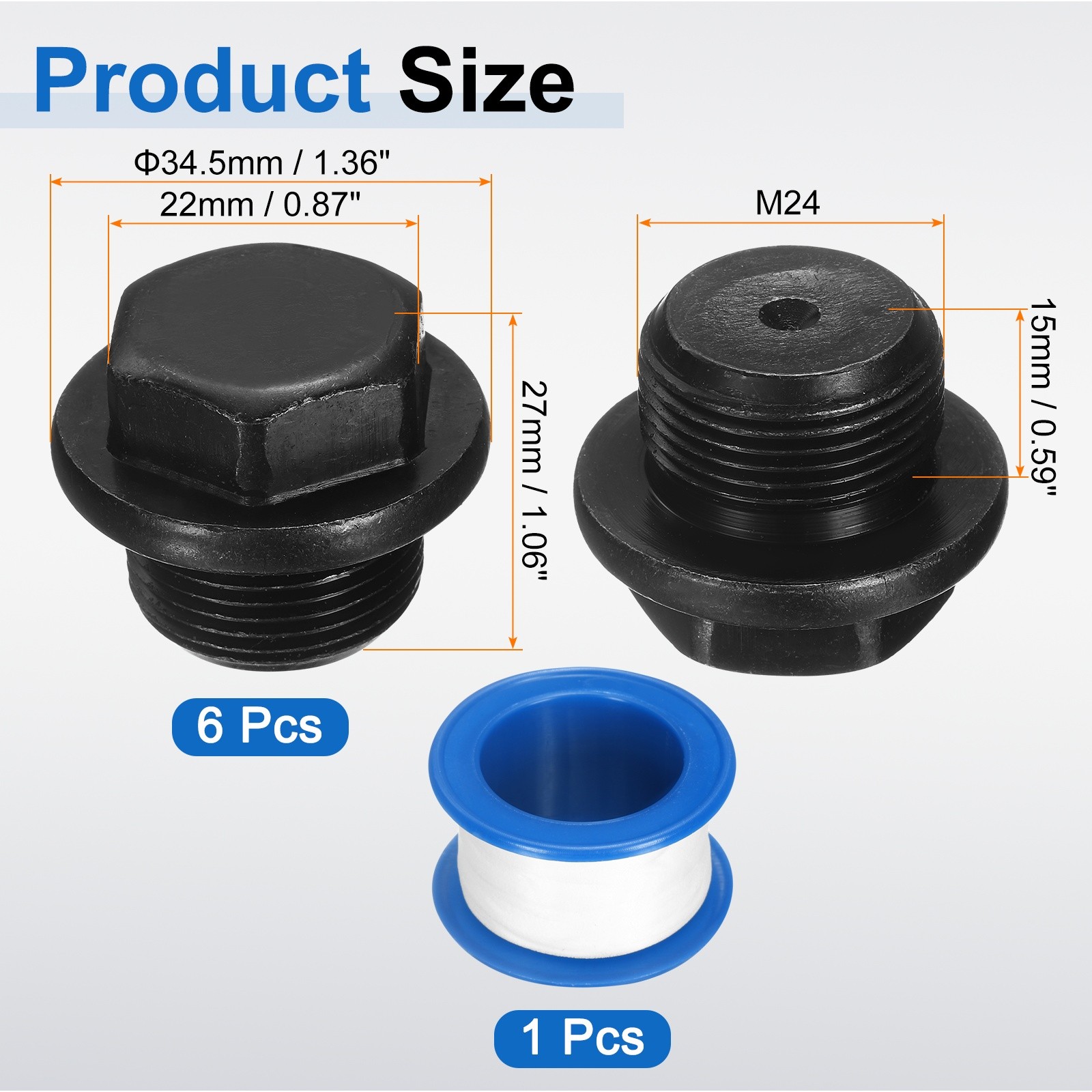 6Pcs M24x1.5 Carbon Steel Male Thread Outer Hex Pipe Plug Fitting Socket