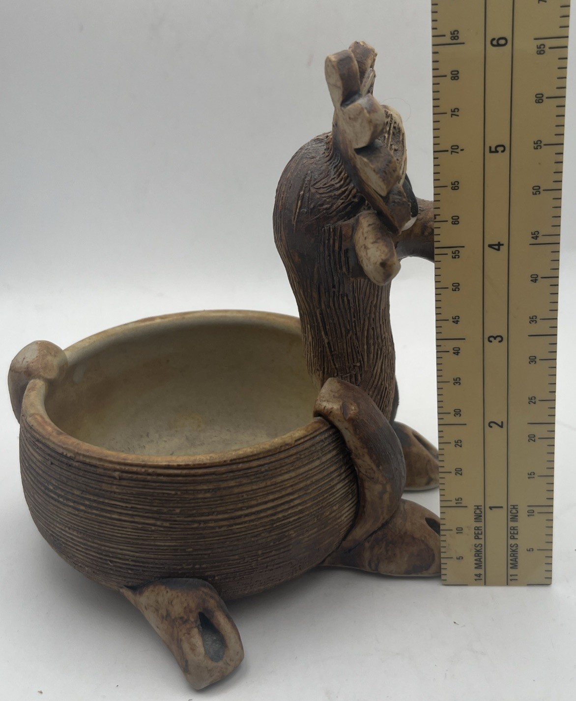 Handcrafted ceramic planter fashioned into a whimsical reindeer, Stamped EUC