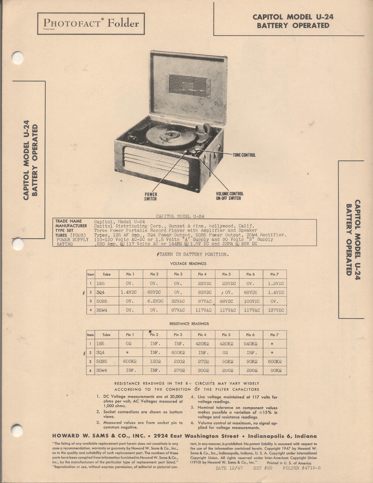 CAPITOL Model U-24, SAMS Photofact 1947, 4 Pages , NOS