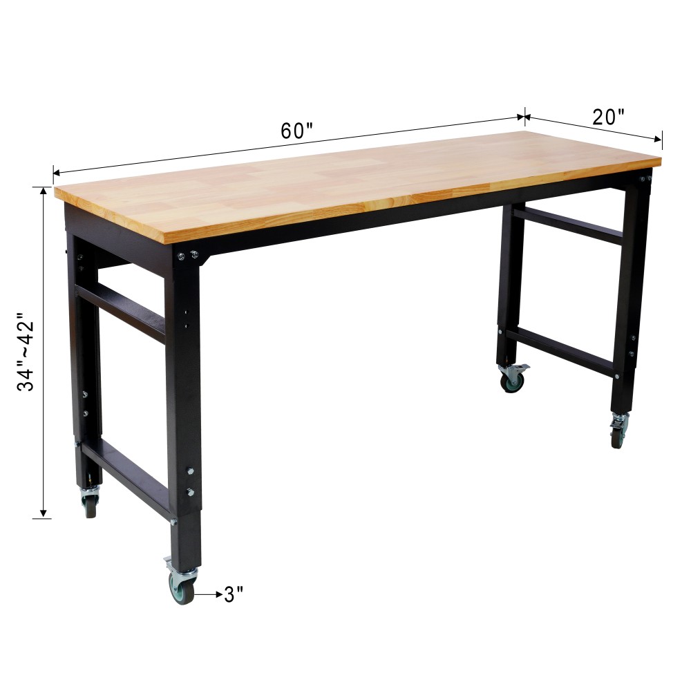 Heavy Duty Rolling Workbench, Locking Wheels Adjustable Height 60" Garage