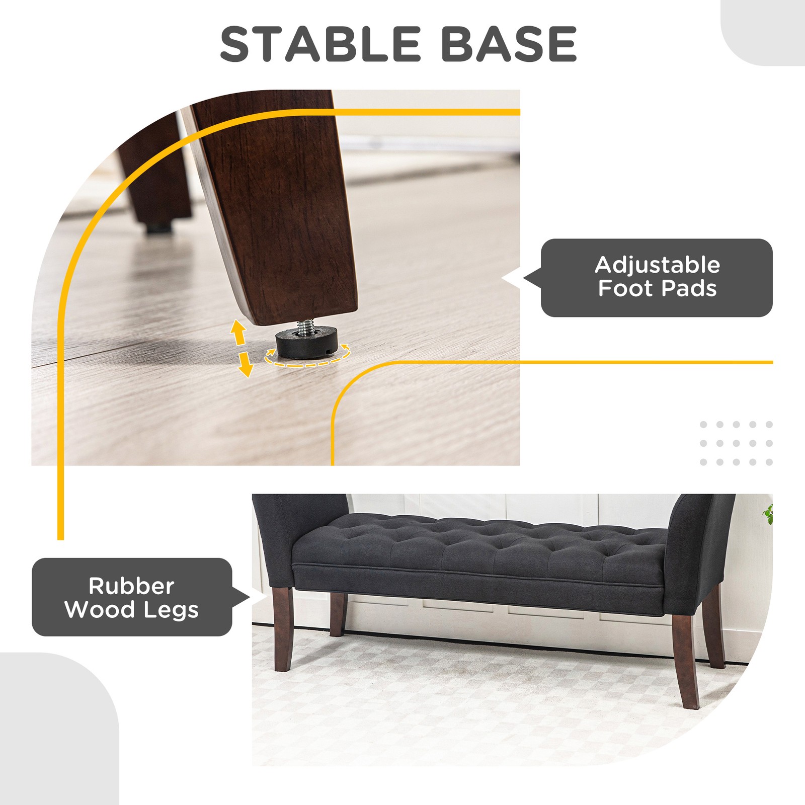 Button Tufted End of Bed Bench with Upholstered Arms and Solid Wood Legs, Black