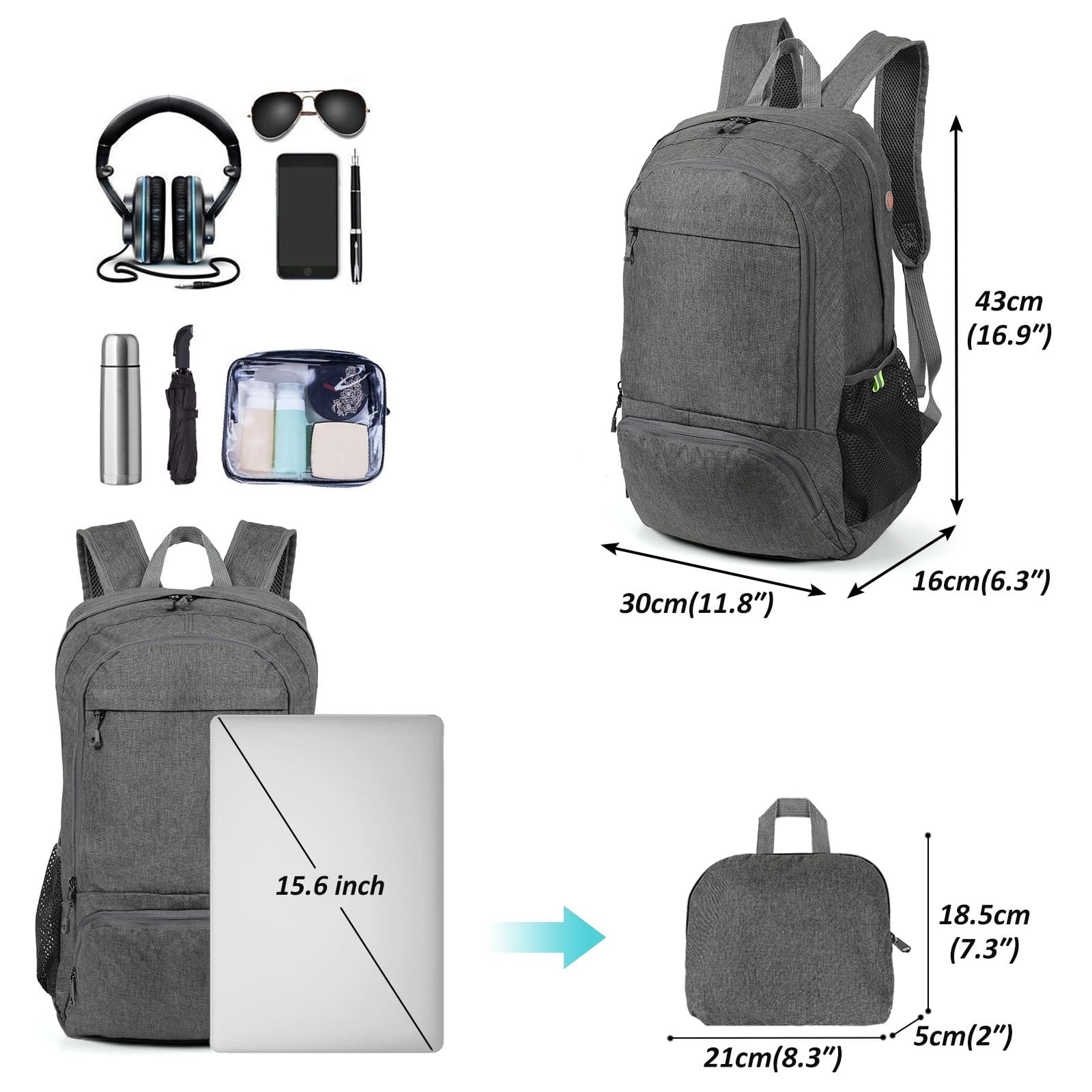 25L Ultra Lightweight Packable Backpack Foldable Hiking Travel Daypack Gray
