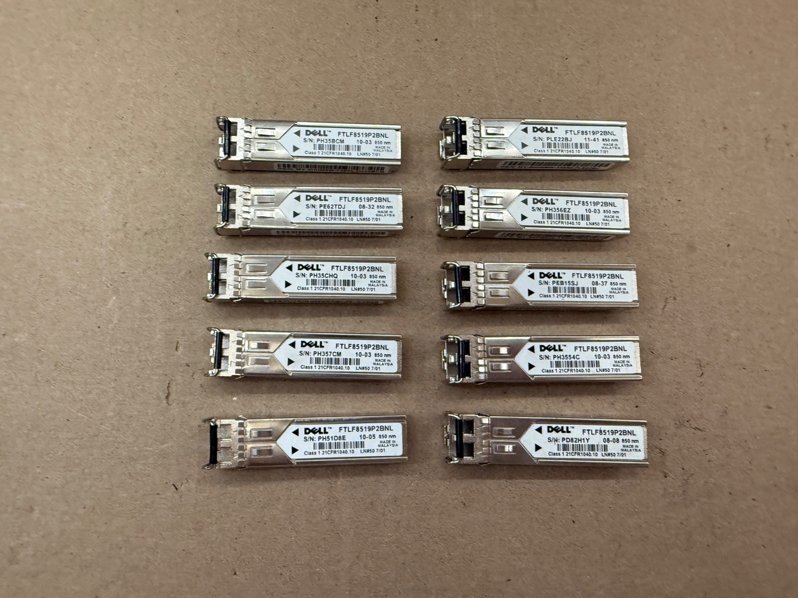 LOT OF 10 GENUINE DELL FTLF8519P2BNL 850NM SFP TRANSCEIVER MODULES
