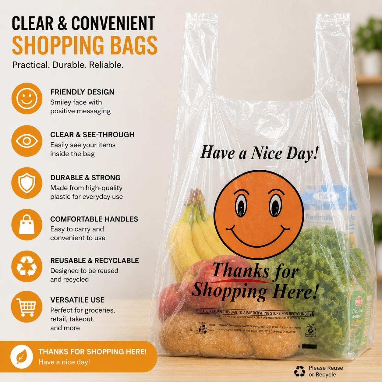 1/6 Clear Shopping Bags Smiley Face Design  T-Shirt Bags  with Handles
