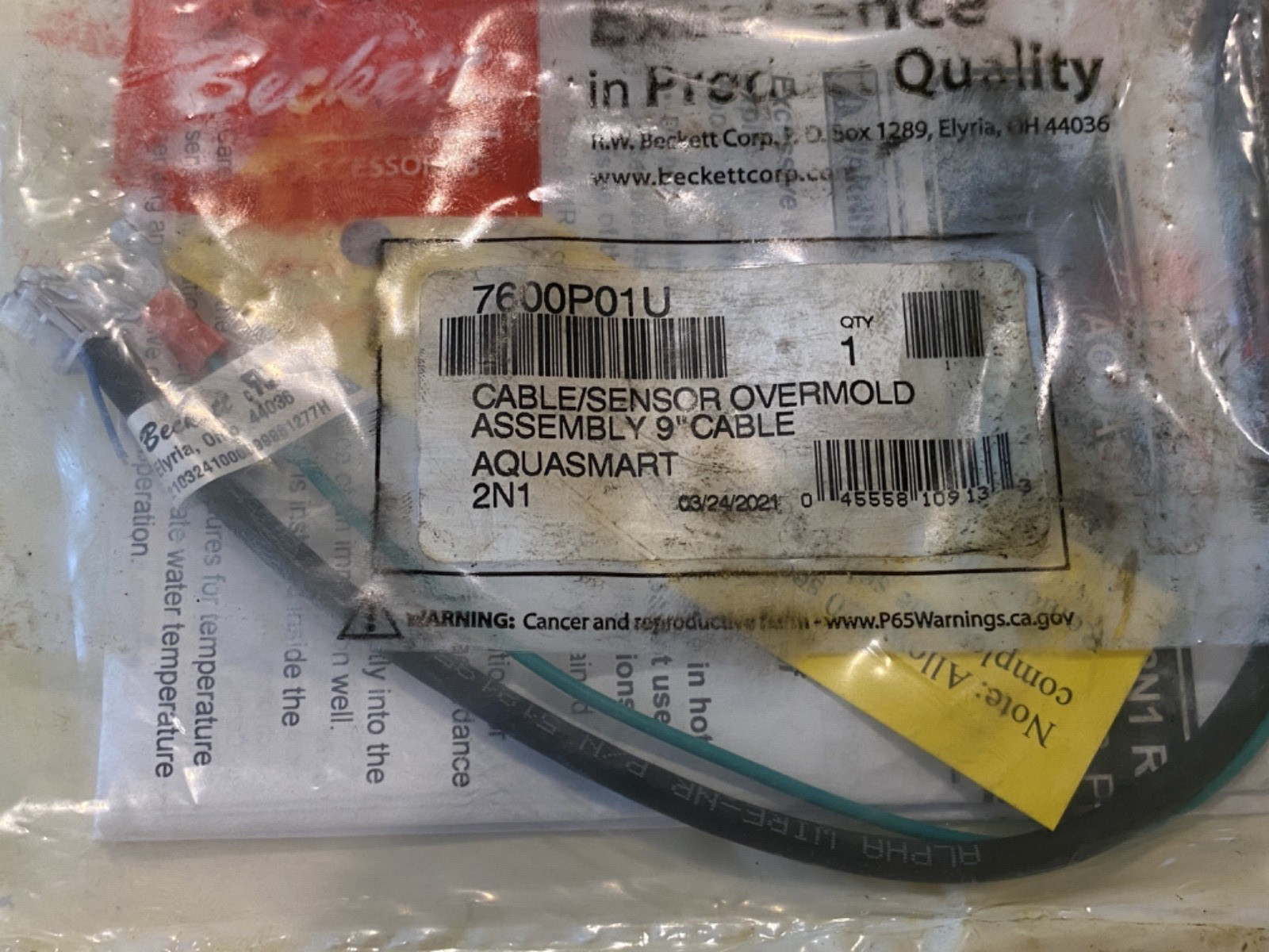 NEW BECKETT 7600P01U Cable/Sensor Overmold Assembly 9" Cable AquaSmart 2N1