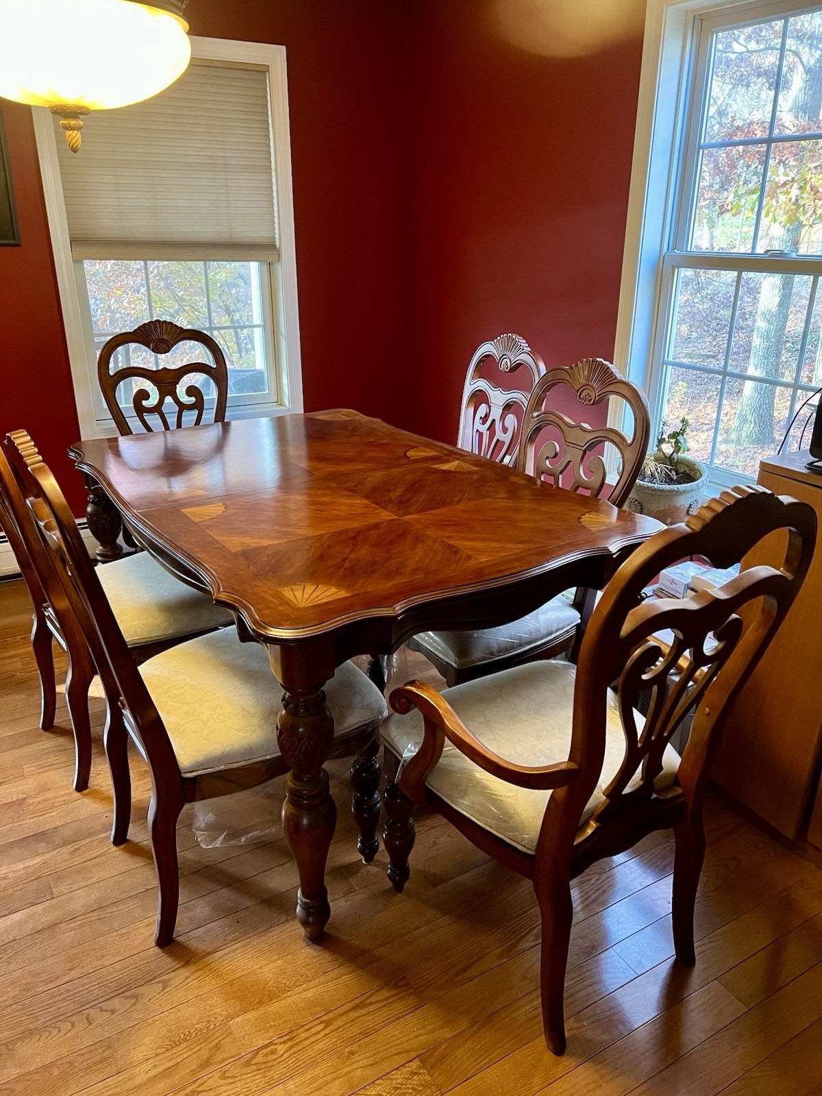 Traditional Brown Wood Dining Set with Table, 6 Chairs, and China Cabinet