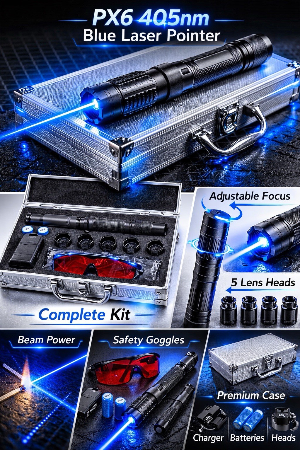 Rechargeable Blue Laser Pointer Pen 405nm Adjustable Focus w/ Case & Accessories