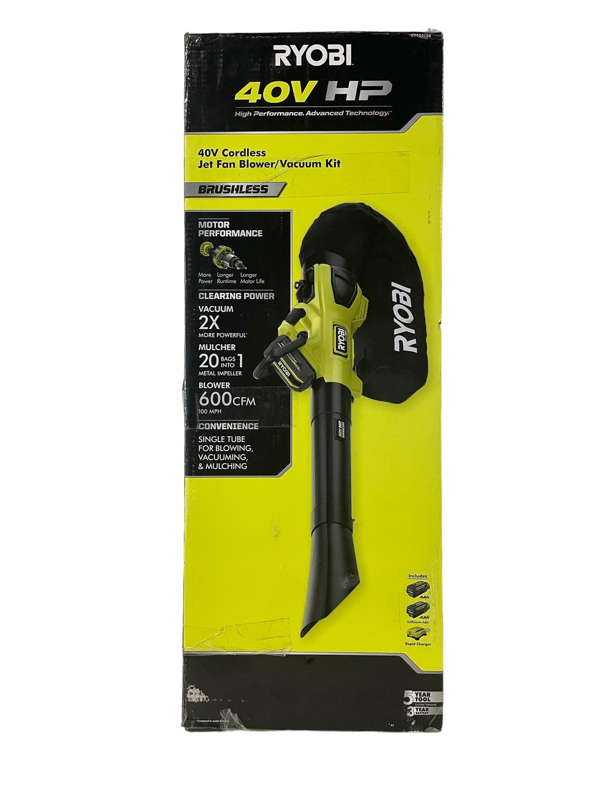 RYOBI 40V HP Brushless Whisper Series Cordless Battery Mulcher Vacuum Leaf