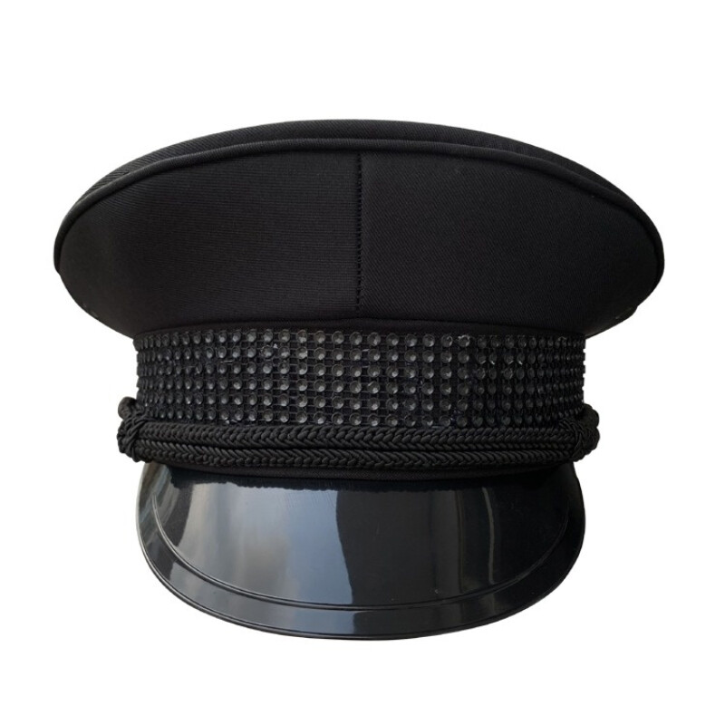 Unisex Army Captain Hat Rhinestone Fancy Dress Cap Police Military Costume Black
