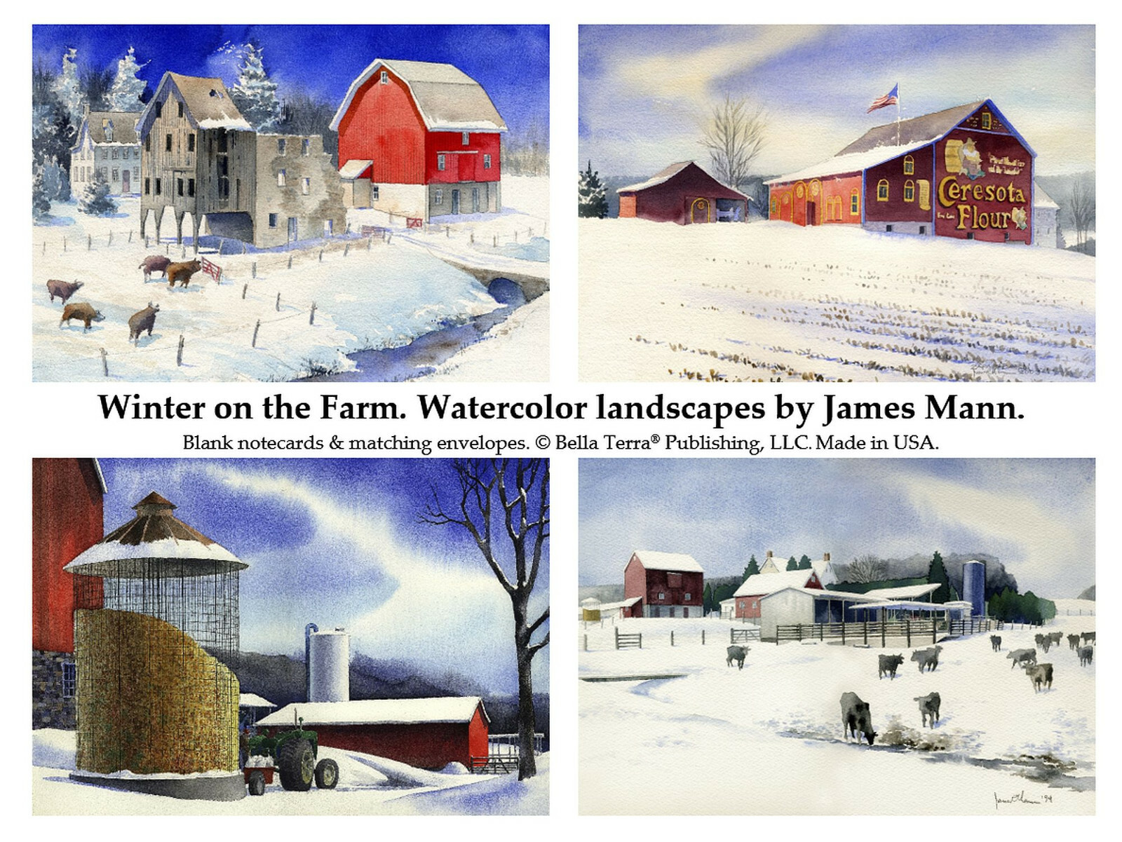 Winter on the Farm Notecard Set. 4 heartwarming James Mann watercolor landscapes