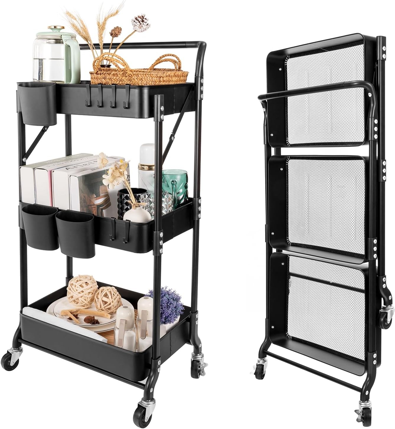 3 Tier Foldable Rolling Cart W/ Wheels Folding Utility Cart Organizer