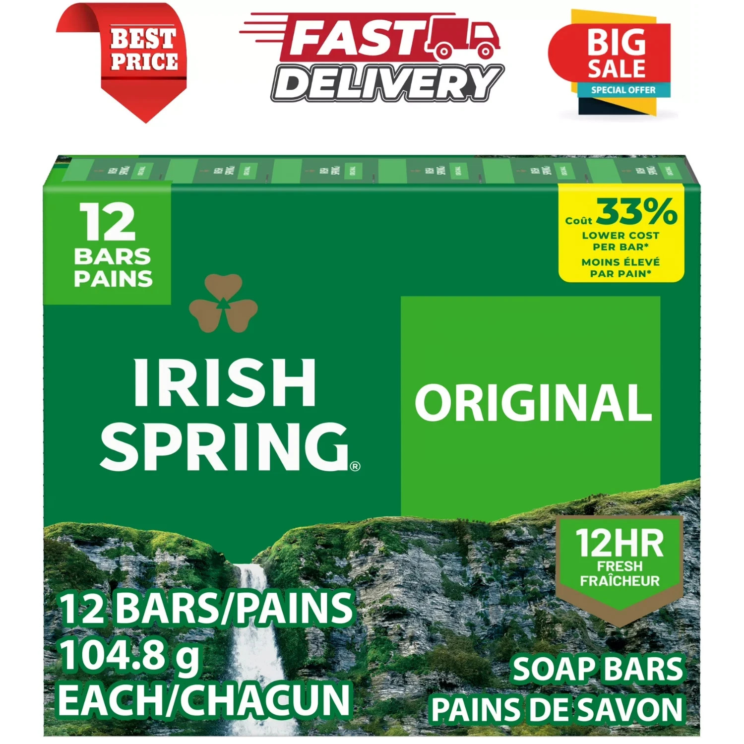(12 Bars) Irish Spring Bar Soap for Men, Original Clean Mens Bar Soap, 3.7 Oz