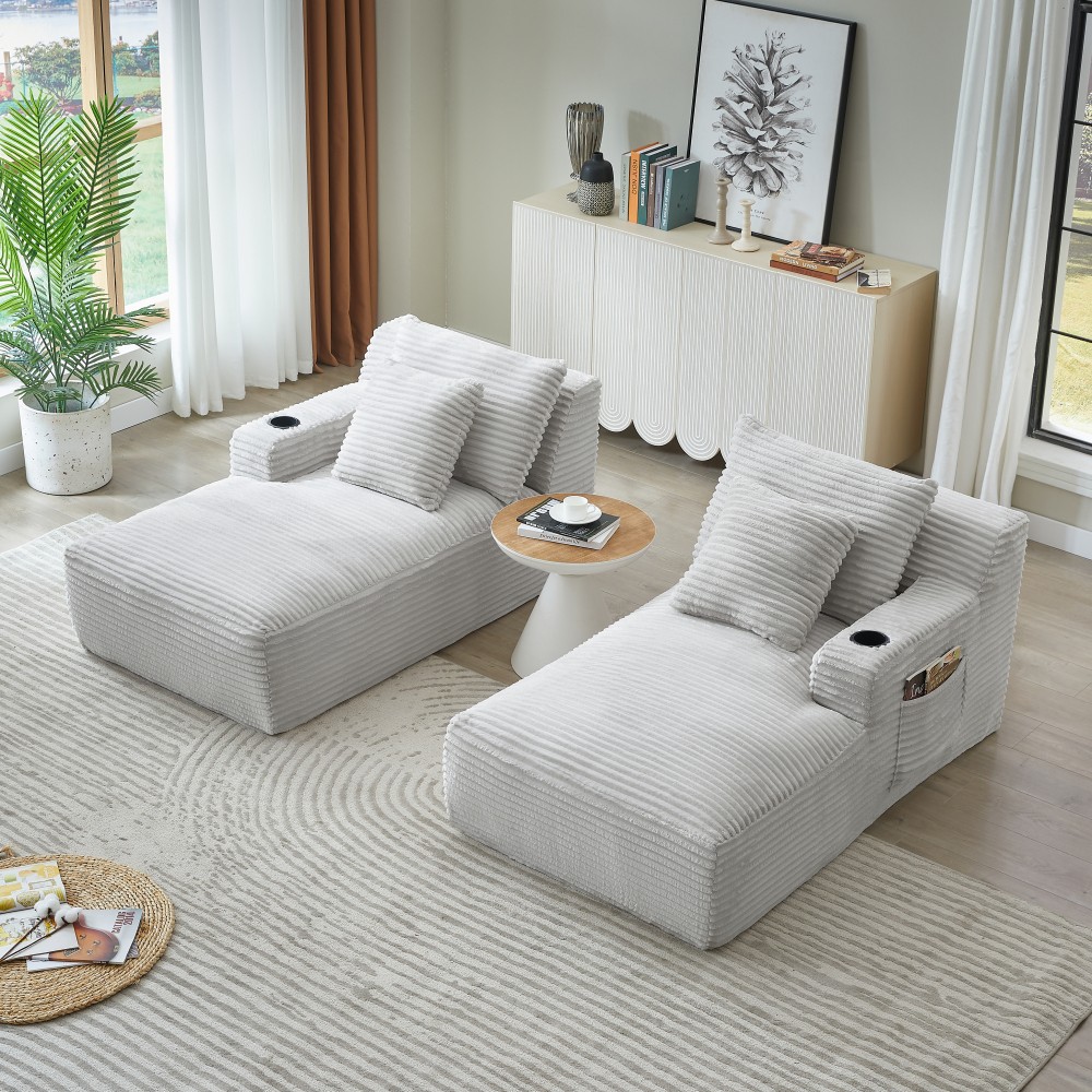 Light Gray Corduroy Compressible Double Chaise Sleeper Sofa with Cup Holders