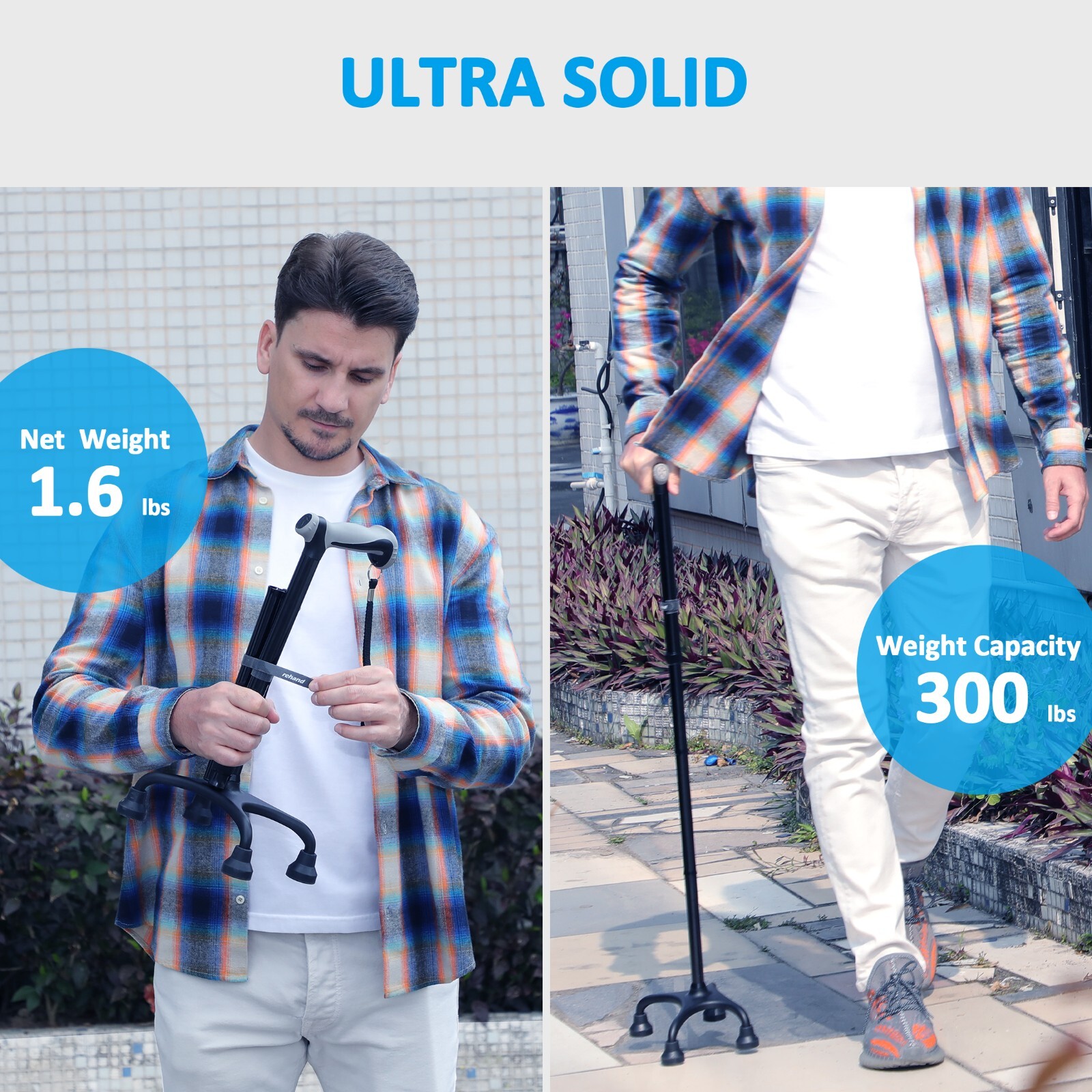 Quad Cane,4-Pronged Base Extra Stability Ergonomic Handle Adjustable Foldable