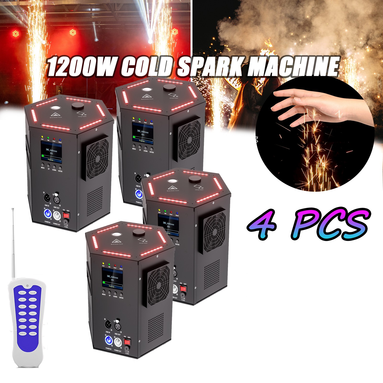1200W Large Cold Spark Firework Machine Stage Effect Party Wedding DMX w/Remote
