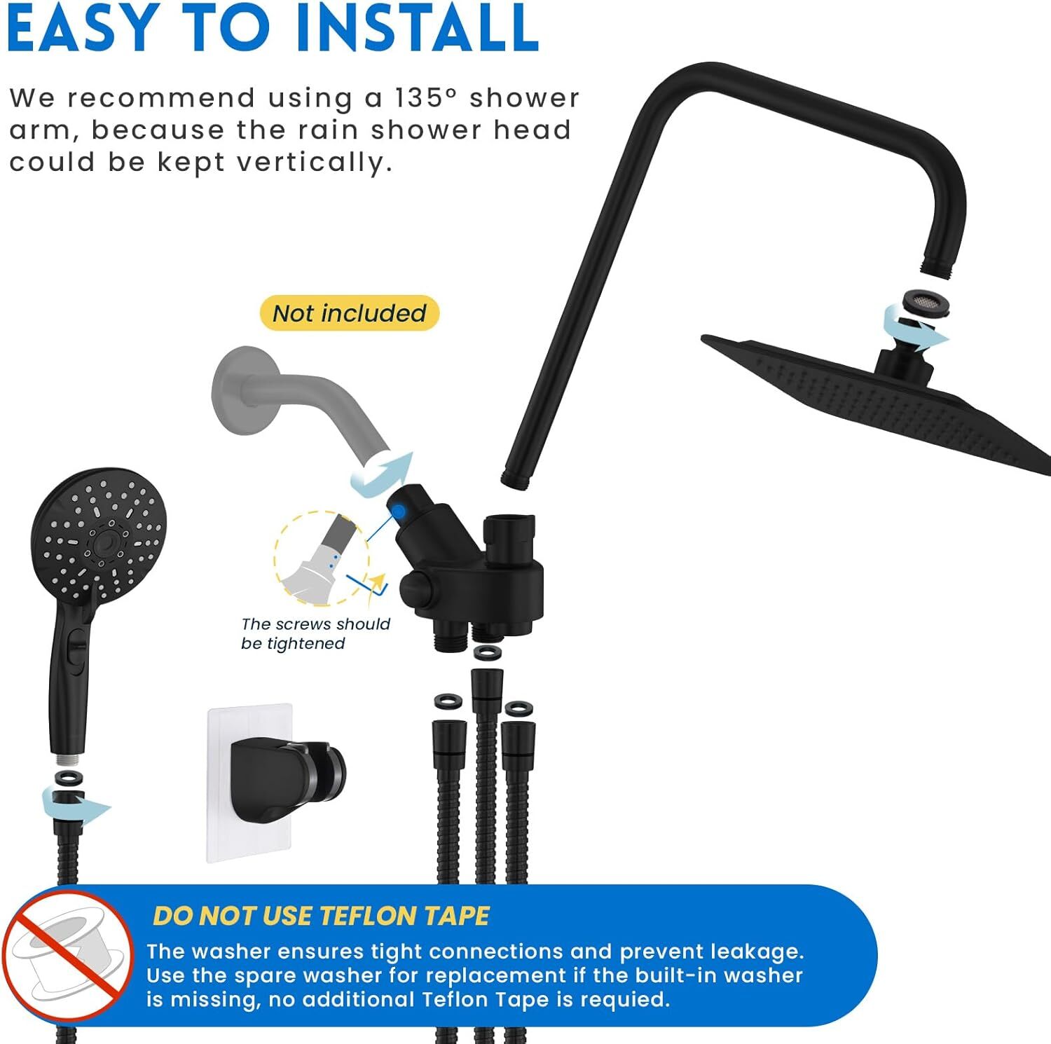 Dual Showerhead Combo, Black 8'' Rain Shower, 6 Adjustable Handholds
