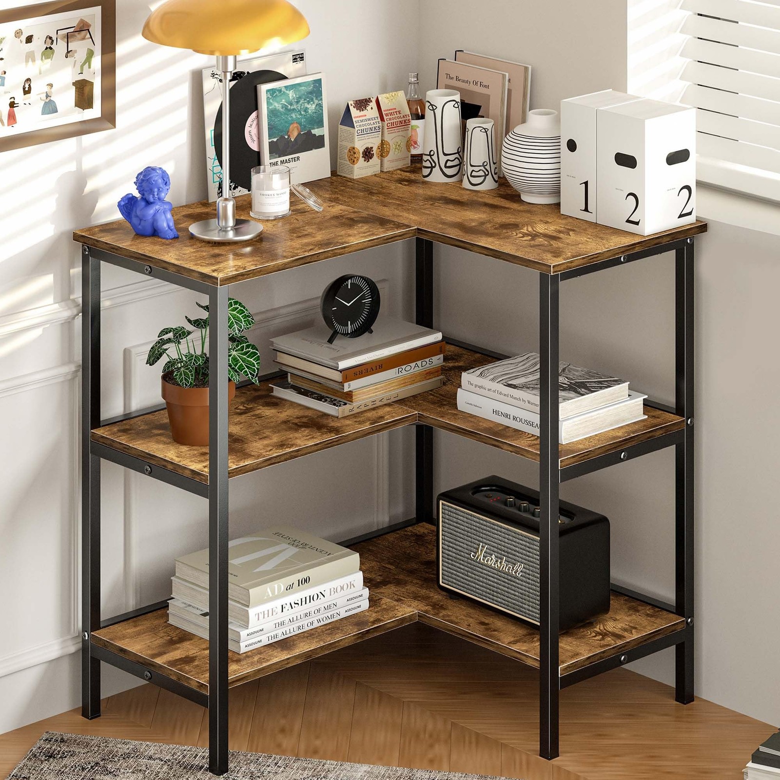 VECELO Corner Cabinet Table with 3 Tier Open Shelf, Multipurpose Display Orga...
